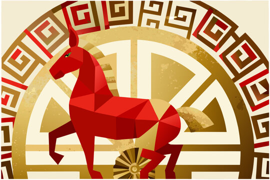 Geometric red horse illustration with ancient greek key pattern background