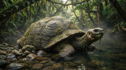 World wetlands day shows a tortoise with a textured shell walking through vegetation in a natural outdoor environment