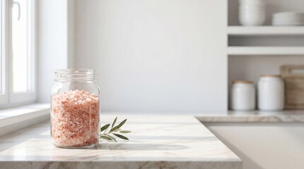 Glass jar of pink salt with olive branch on kitchen countertop  