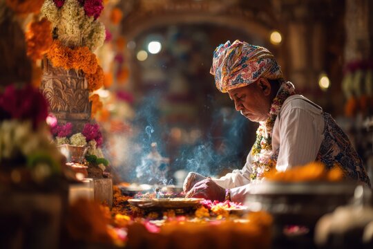 Priest conducting puja in decorated temple