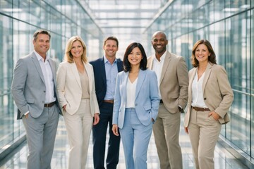 Obraz premium Diverse Executive Team Standing in Glass Office Hall