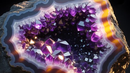 Naklejka premium Luxury Amethyst Geode Crystal Texture with Vibrant Purple Quartz Macro Photography