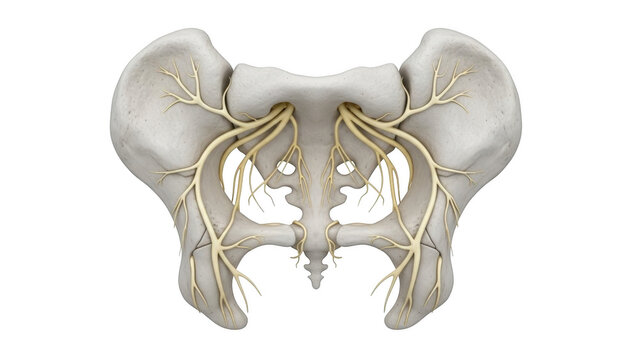 Anatomical illustration of the pelvis and sacral plexus nerves detailed render on black background for medical educational resources