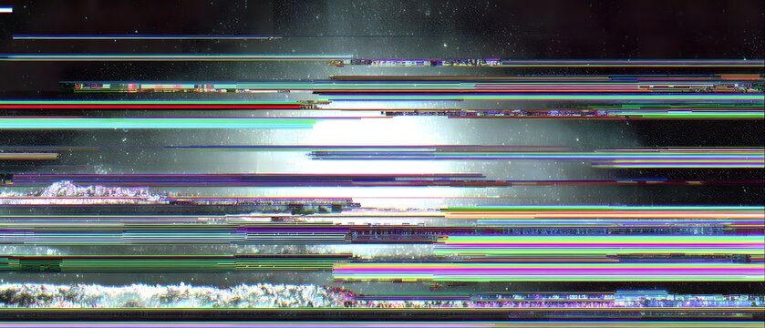 Digital glitch effect with horizontal colored lines across a dark background