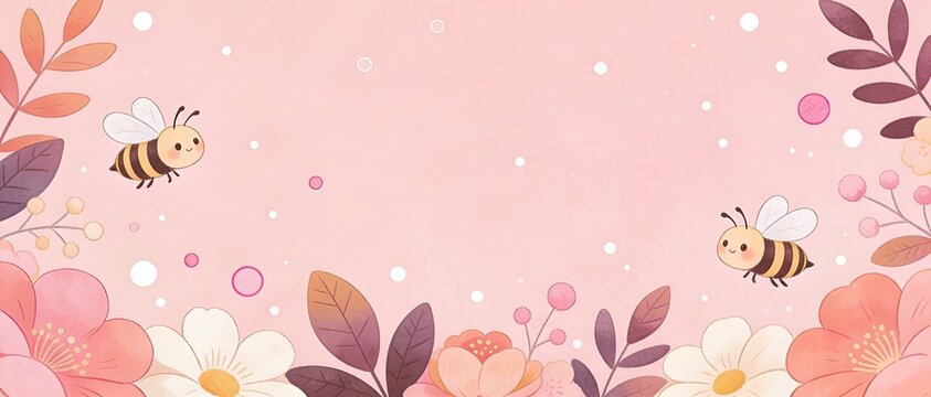 Cute pastel floral frame with bees, flowers and leaves on pink background, cartoon spring nature border template for greeting card, invitation, nursery design