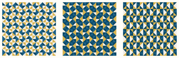 Teal and golden, color tessellation set, bundle of modern seamless vector patterns. Neutral retro colors. Repeatable design for fabric collection, wallpapers,