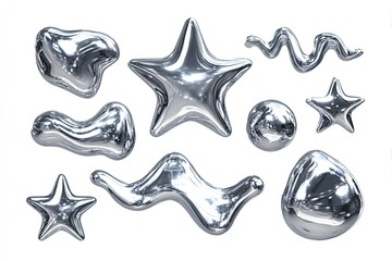 Obraz premium Shiny, liquid metal shapes float against a clean white background. Various forms are depicted