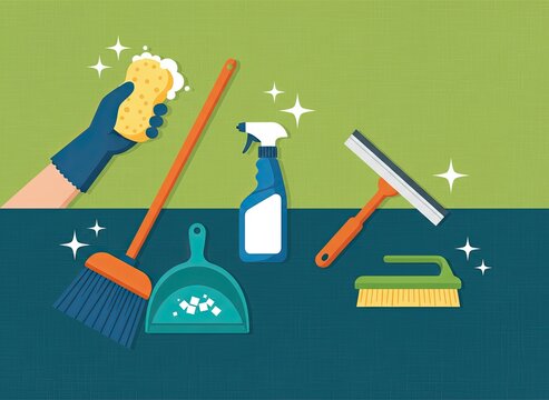 Cleaning supplies set with sponge spray bottle squeegee broom and dustpan vector illustration, household sanitation tools, home hygiene concept, flat design background