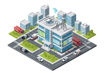 Isometric illustration of a modern emergency services building with police, ambulance, and fire trucks outside on a street