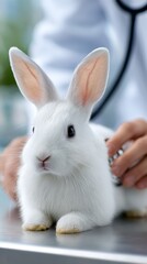 Obraz premium White rabbit being examined by a veterinarian in a clinic setting with a stethoscope visible, showcasing a clean and professional environment for animal care