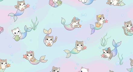 Cute Cat Mermaids Seamless Pattern, Kawaii Underwater Fantasy