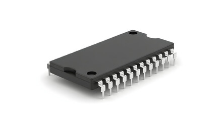 Black integrated circuit chip with silver pins on white background
