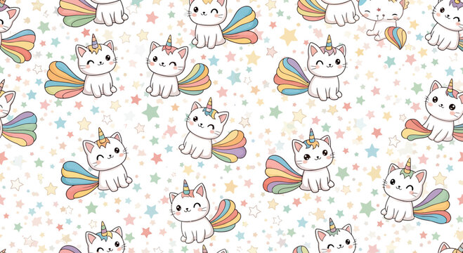 Cute Cat Unicorn Pattern with Rainbow Tail and Stars Seamless Background