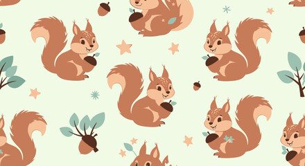 Obraz premium Cute Squirrels Seamless Pattern with Acorns and Stars
