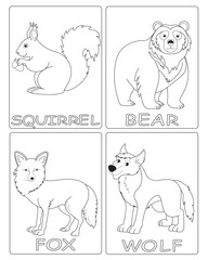 Fototapeta premium Black and white drawings for children's coloring. illustrations of wild animals creatures. image of squirrel, bear, fox, wolf. vector graphics for kids education.