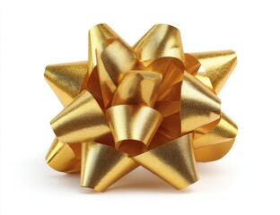 Close-up of a shiny, golden gift bow with pointed petals, isolated against a white backdrop