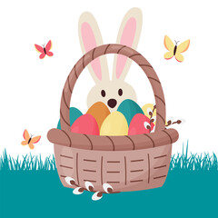 happy easter illustration with eggs and bunny