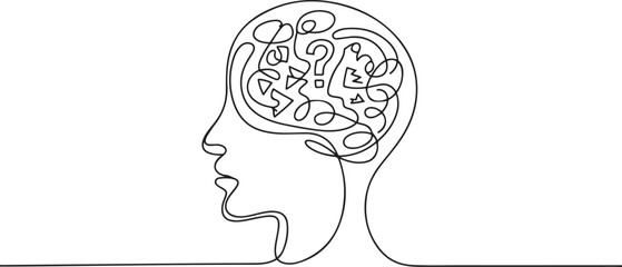 Vector concept confusion in the head. One continuous line drawing. one line Icon drawing © Nargis
