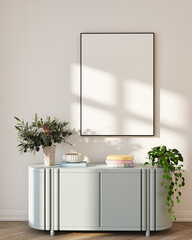 Obraz premium Modern Living Room Poster Frame Mockup with Natural Light and Minimalist Decoration. 3D render.