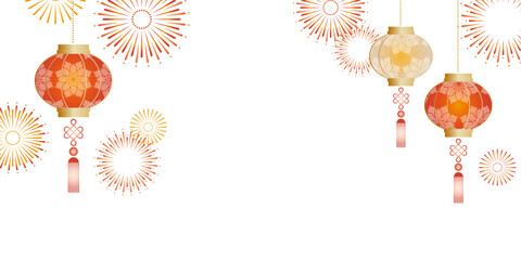 春節のランタンと花火の背景イラスト素材 ベクター 灯籠 白背景 © neg