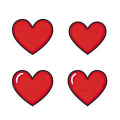 Four red hearts with black outlines, various shapes, set against a white background