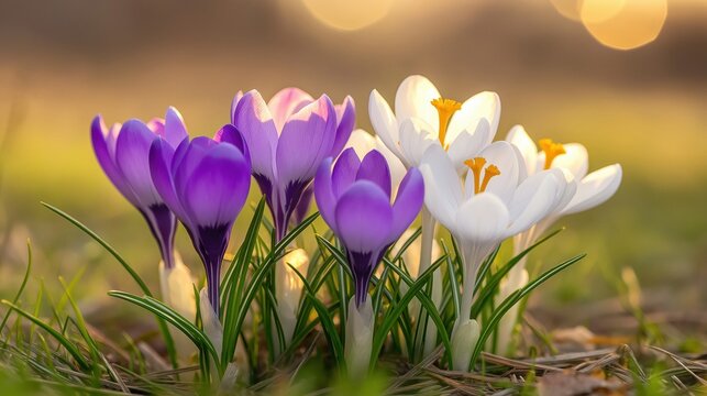Group of small purple and white crocus flowers opening their petals in soft morning sunlight, growing among green grass with a gentle bokeh background