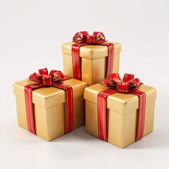 Three golden gift boxes with red ribbons and bows, stacked and isolated on white