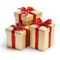 Fototapeta premium Three golden gift boxes stacked, adorned with red ribbons, set against a clean white background