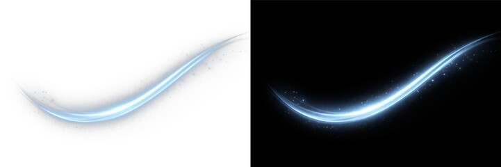 Glowing blue neon light ribbon wave, abstract futuristic energy streak with vibrant motion curve...