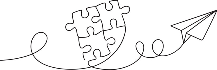 Obraz premium Continuous one line drawing of a groupe piece jigsaw and paper plane on a white background. Puzzle game symbol and iconic business. one line Icon drawing