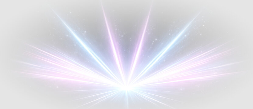 Holographic neon light flare with glowing laser rays, abstract colorful cosmic burst and vibrant nightclub stage illumination effect on transparent background