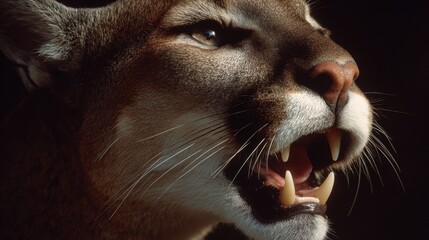 a super close up image of a cougar growling with its mouth open very wide showing its teeth
