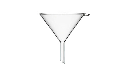 Clear glass funnel for laboratory or kitchen use against black backdrop revealing transparency and simplicity in design