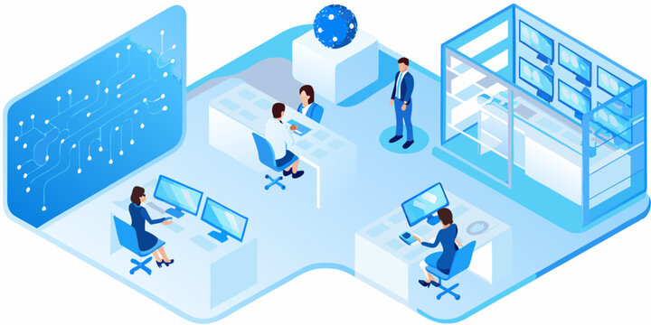 Isometric illustration of a modern data center and office workspace