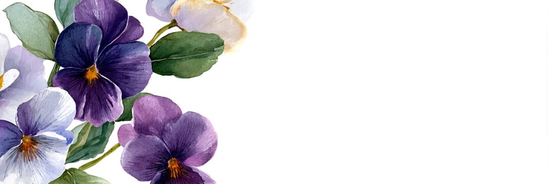 Long horizontal watercolor pansy banner with floral corners on white background. Panoramic botanical header with wide copy space, ideal for website hero image, spring promotion or greeting design
