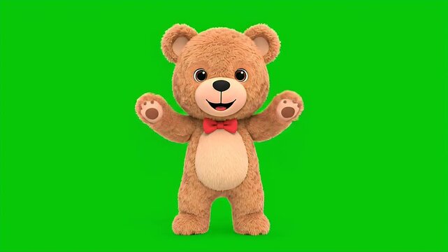 Cute animated teddy bear character waving hello on green screen