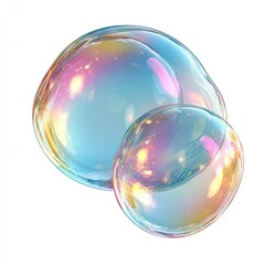 Two iridescent soap bubbles, reflecting light, against a clean white background