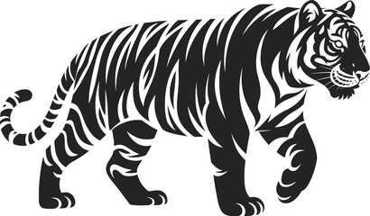 Majestic Tiger Silhouette Vector Illustration with Tribal Stripe Pattern for Wildlife Conservation Pride Mascot Jungle Theme and Bold Tattoo Design Graphic