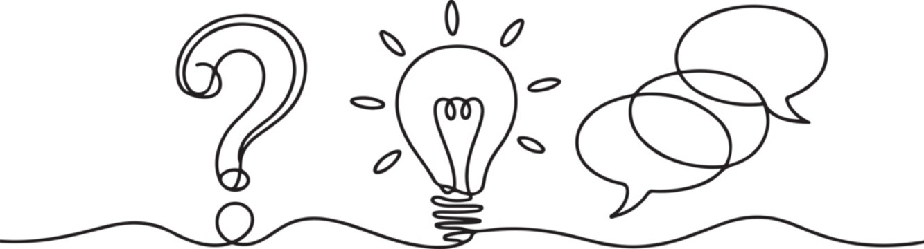 Hand drawn one line vector. Quick tips. Continuous one line drawing of question mark, light bulb and speech bubbles. one line Icon drawing