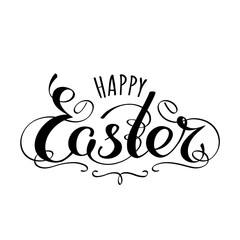 Obraz premium Happy easter hand lettering typography vector. Handwritten happy easter greeting card. Script font. Isolated black symbol on white background. Decorative typography design, vector illustration