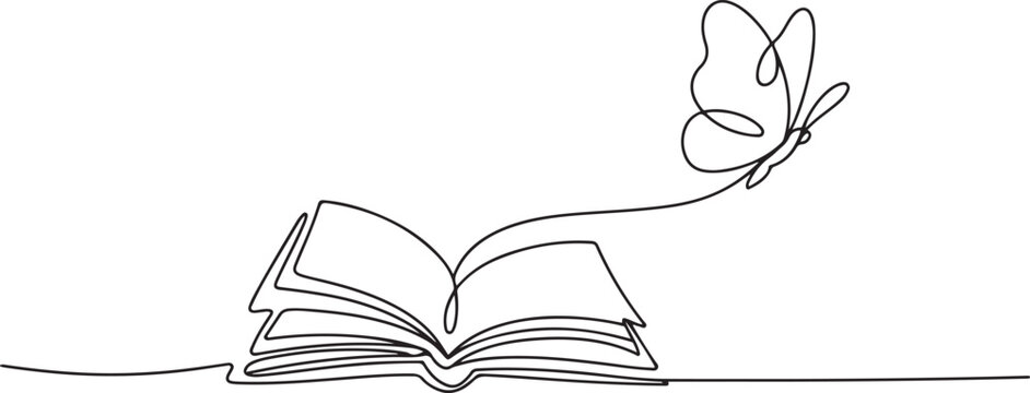 Flying book one line drawing with butterfly. Continuous hand drawn contour vector. one line Icon drawing