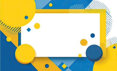 Abstract geometric background with a white rectangle, circles, and blue and yellow shapes