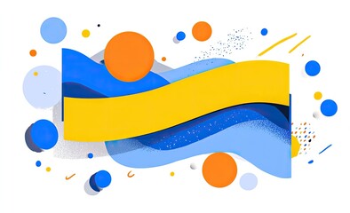 Abstract, vibrant graphic with waves, circles, and sprinkles on a white backdrop