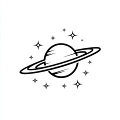 Simple line art of a planet with rings and surrounding sparkles, on a white background
