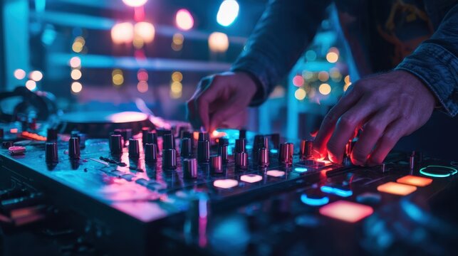 The DJ Mixer Up Close With Hands Adjusting Knobs And Neon Club Lights