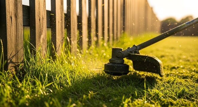 Close-up of a string trimmer head cutting lush green grass near a weathered wooden fence, illuminated by the warm glow of setting sun.