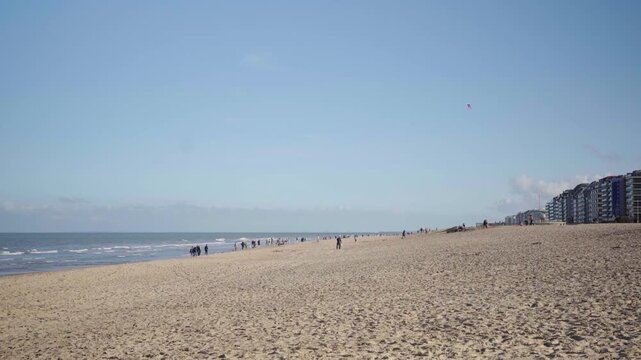 Tourists at Knokke beach in Belgium taking a walk and a kite flying