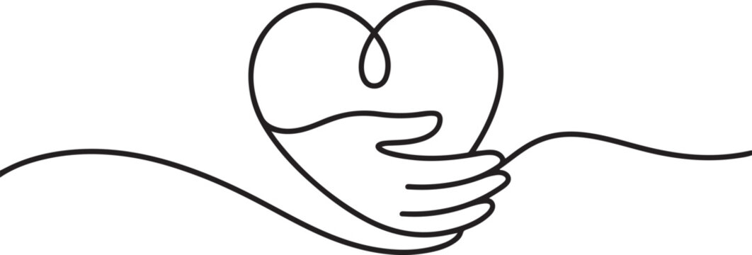 continuous line drawing of hand hugging heart, hug. Vector. one line Icon drawing