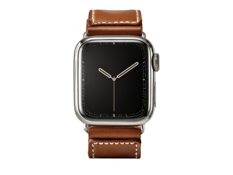 Modern apple watch with brown leather strap and black face isolated on transparent background