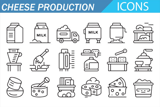 Dairy Industry Icons Collection &ndash; Cheese Factory Equipment Line Art